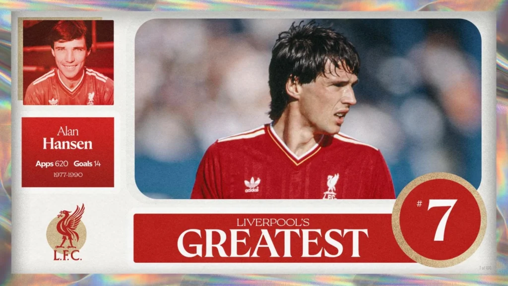 Alan Hansen สวมเสื้อ Liverpool สีแดงของ adidas ระหว่างการแข่งขัน
